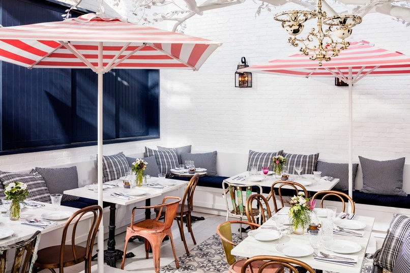 The patio of her new restaurant, Au Fudge which she co-owns with Jessica Biel